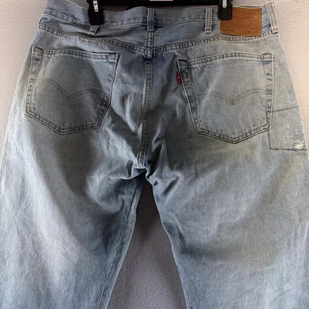 Levis Premium 501 Original Fit Patchwork Distressed Jeans Mens 38x32 Light Wash